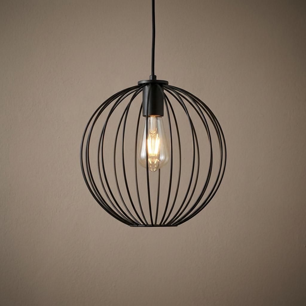 Black metal wire spherical pendant light with an Edison bulb against a tan wall.