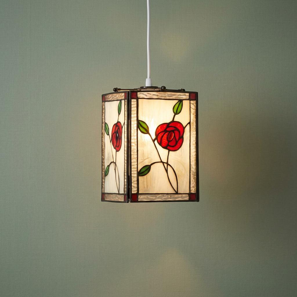 Rectangular Tiffany-style pendant lamp shade with red rose stained glass panels hanging against a sage green wall.