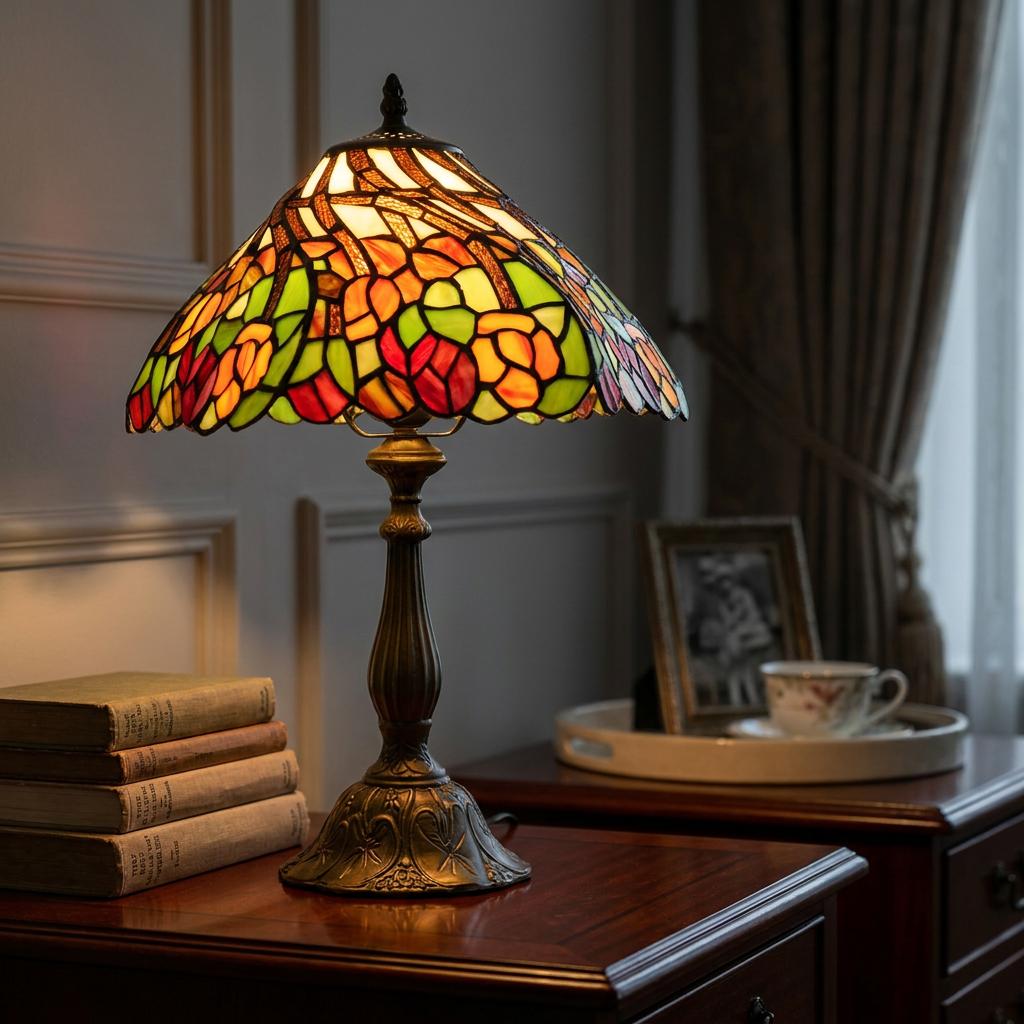 Lit Tiffany lamp with a stained glass rose-patterned shade on a wooden table beside old books.
