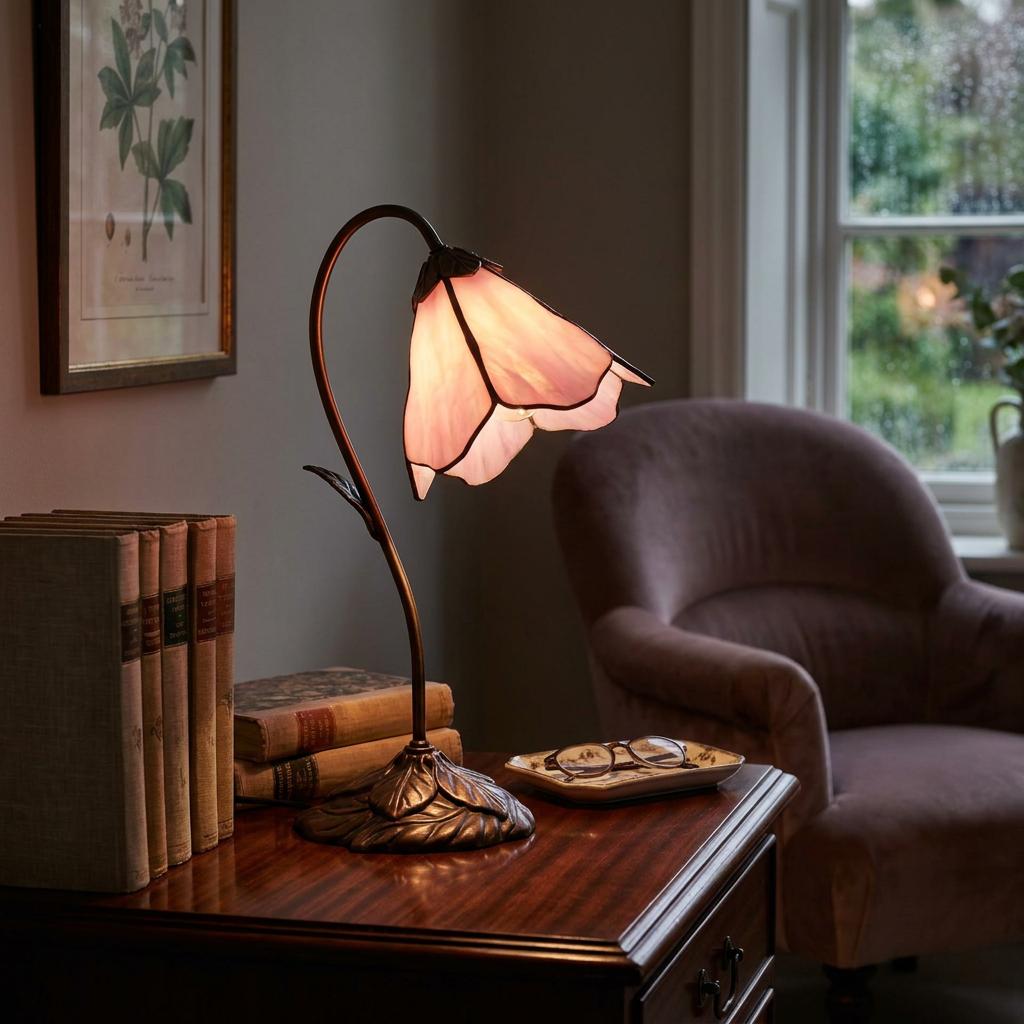 Pink flower-shaped Tiffany lamp with a bronze swan neck base on a wooden desk next to antique books.