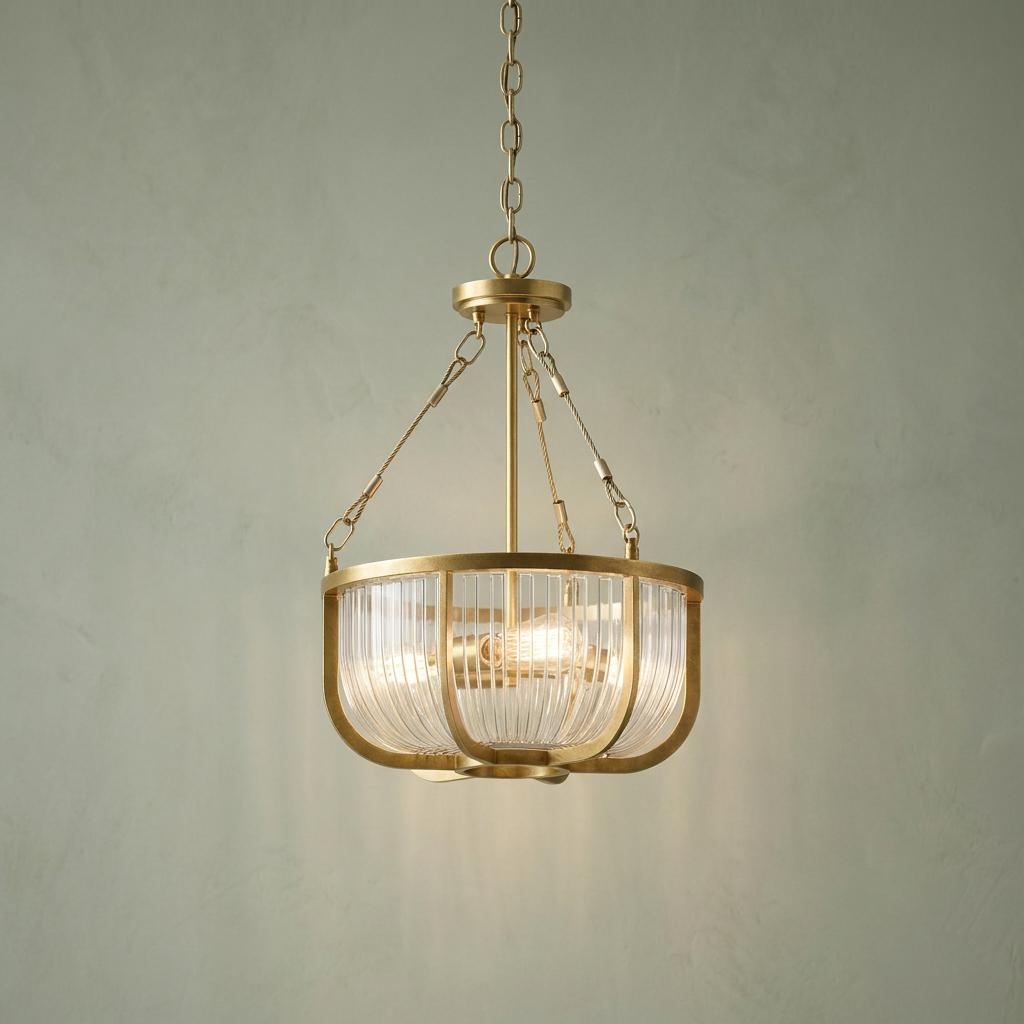Roux 3-light brass pendant with a ribbed glass bowl shade illuminated against a neutral wall.