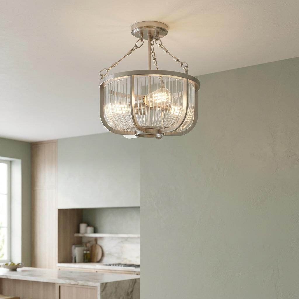 Roux 3-light nickel semi-flush mount with ribbed glass shade in a modern kitchen setting.