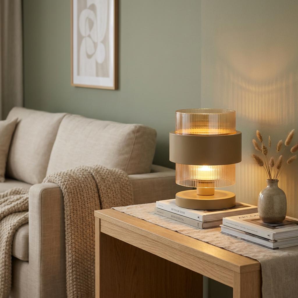 A sand metal table lamp with amber ribbed glass sits lit on a wooden side table next to a beige sofa.
