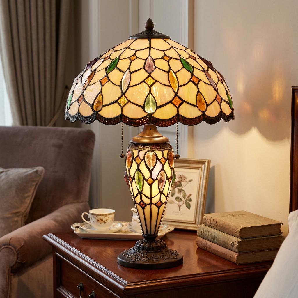 Ornate Tiffany table lamp with a jeweled shade and matching base glowing on a bedside table next to old books.