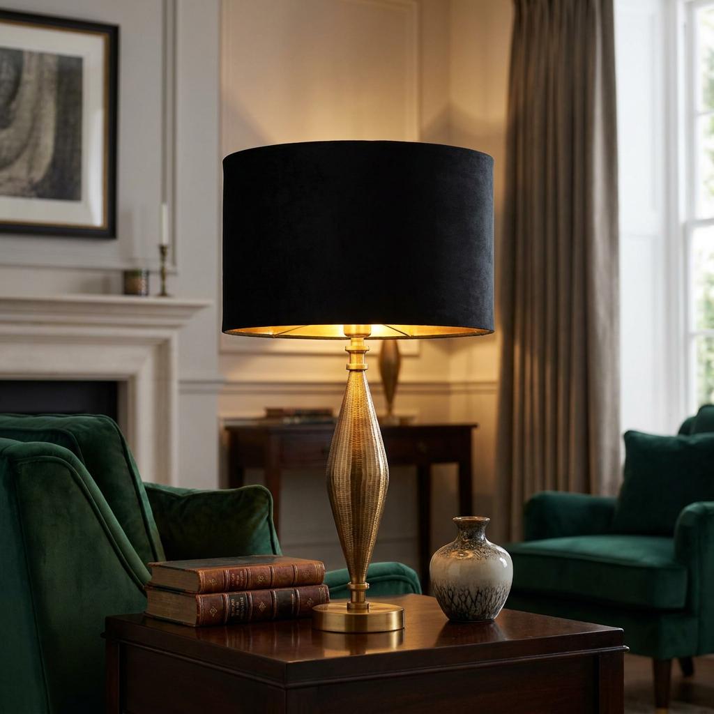 Antique brass table lamp with a black velvet shade on a wooden side table in a living room with green armchairs.
