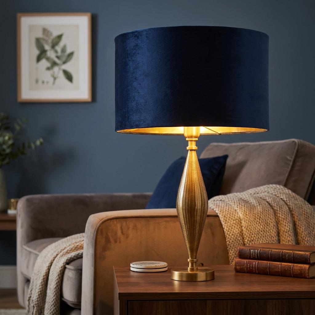 Antique brass table lamp with a navy velvet shade on a wooden table next to a cozy armchair.