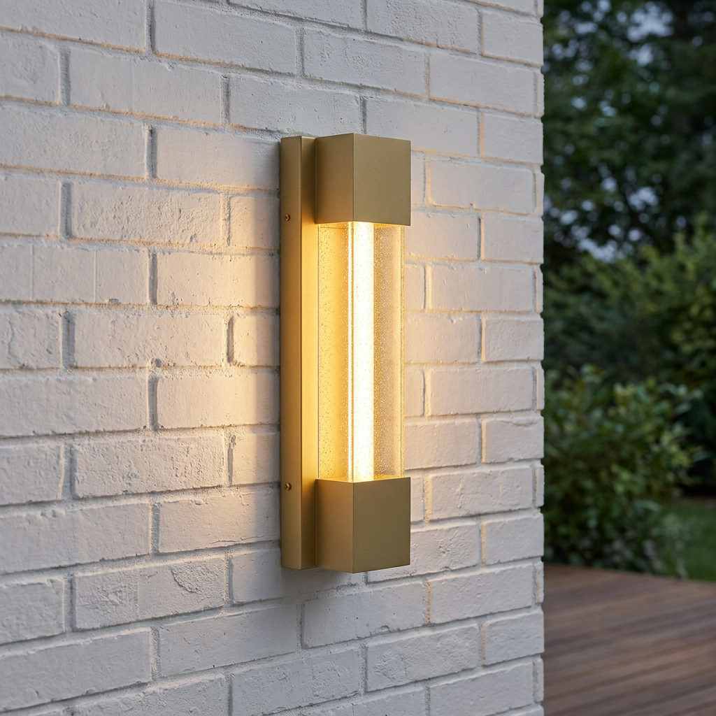 Modern gold LED wall light with seeded glass, mounted and glowing on a white brick exterior wall.