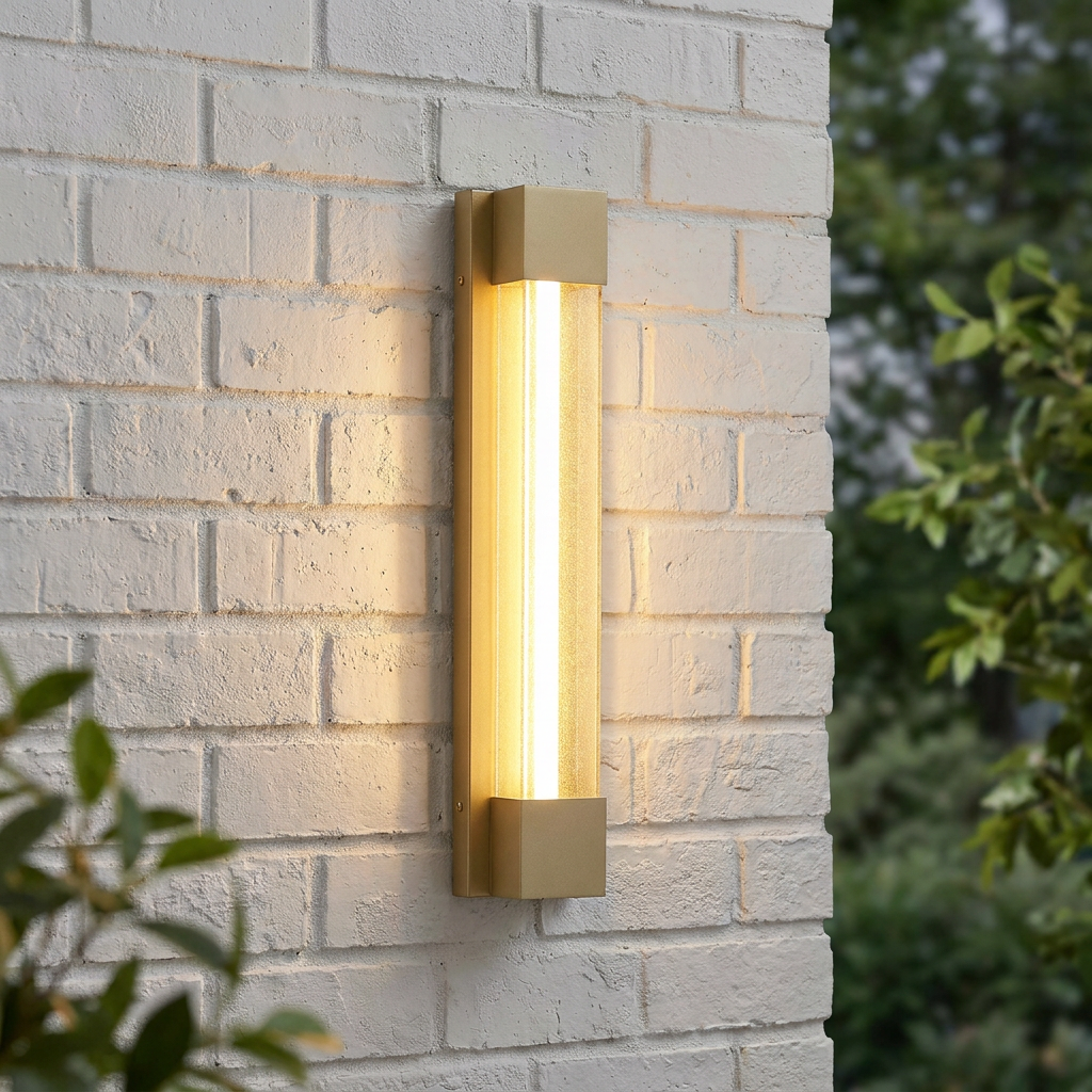A slim gold LED wall light casting a warm glow on a white brick exterior wall.