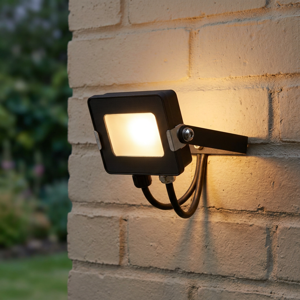 A black square LED floodlight mounted on a beige brick wall, glowing warmly against a blurred garden background.