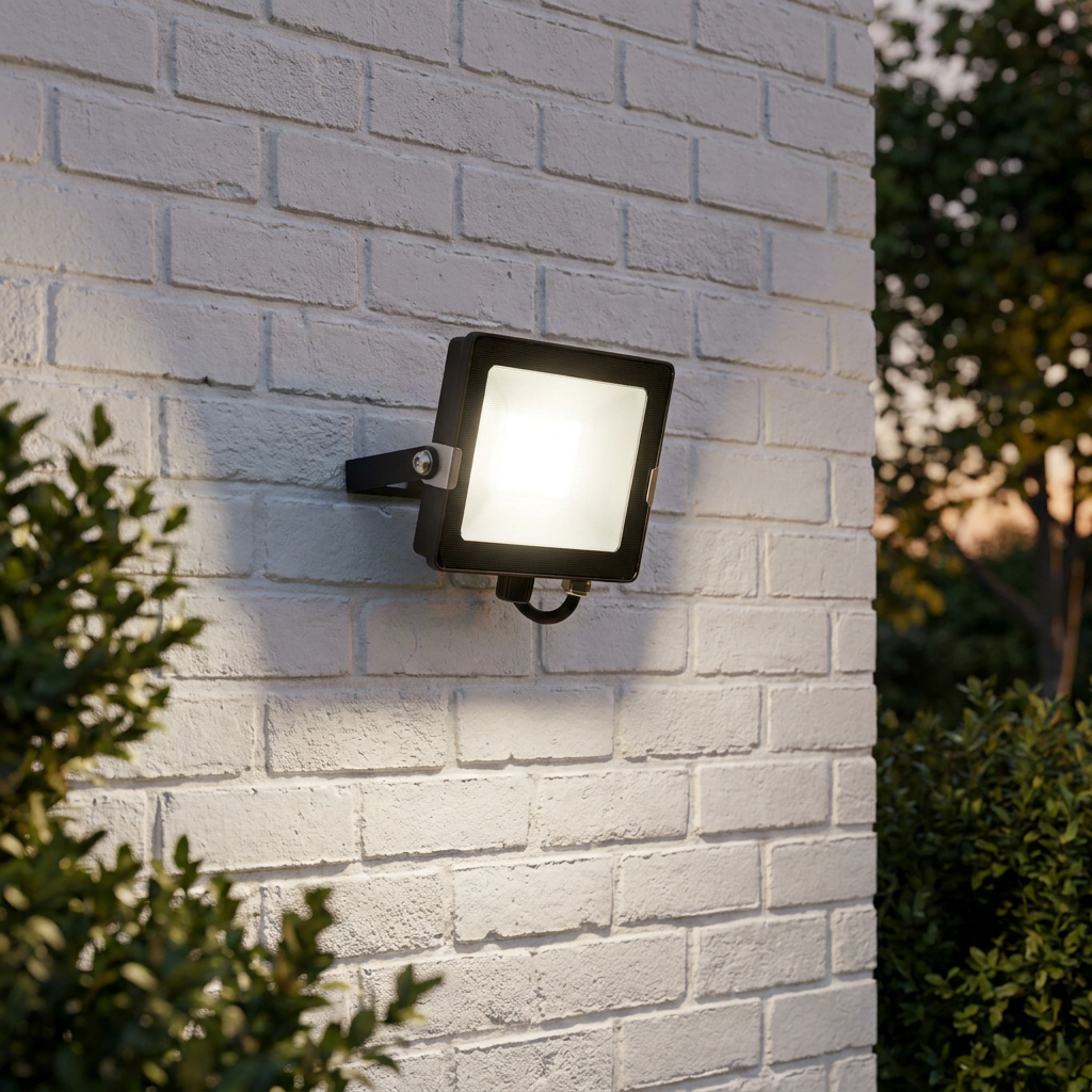 A bright Salde 30W LED flood light mounted on a white brick exterior wall, illuminating a garden.