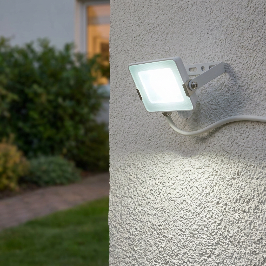 Salde white LED flood light emitting a bright cool white glow while mounted on a textured exterior wall.