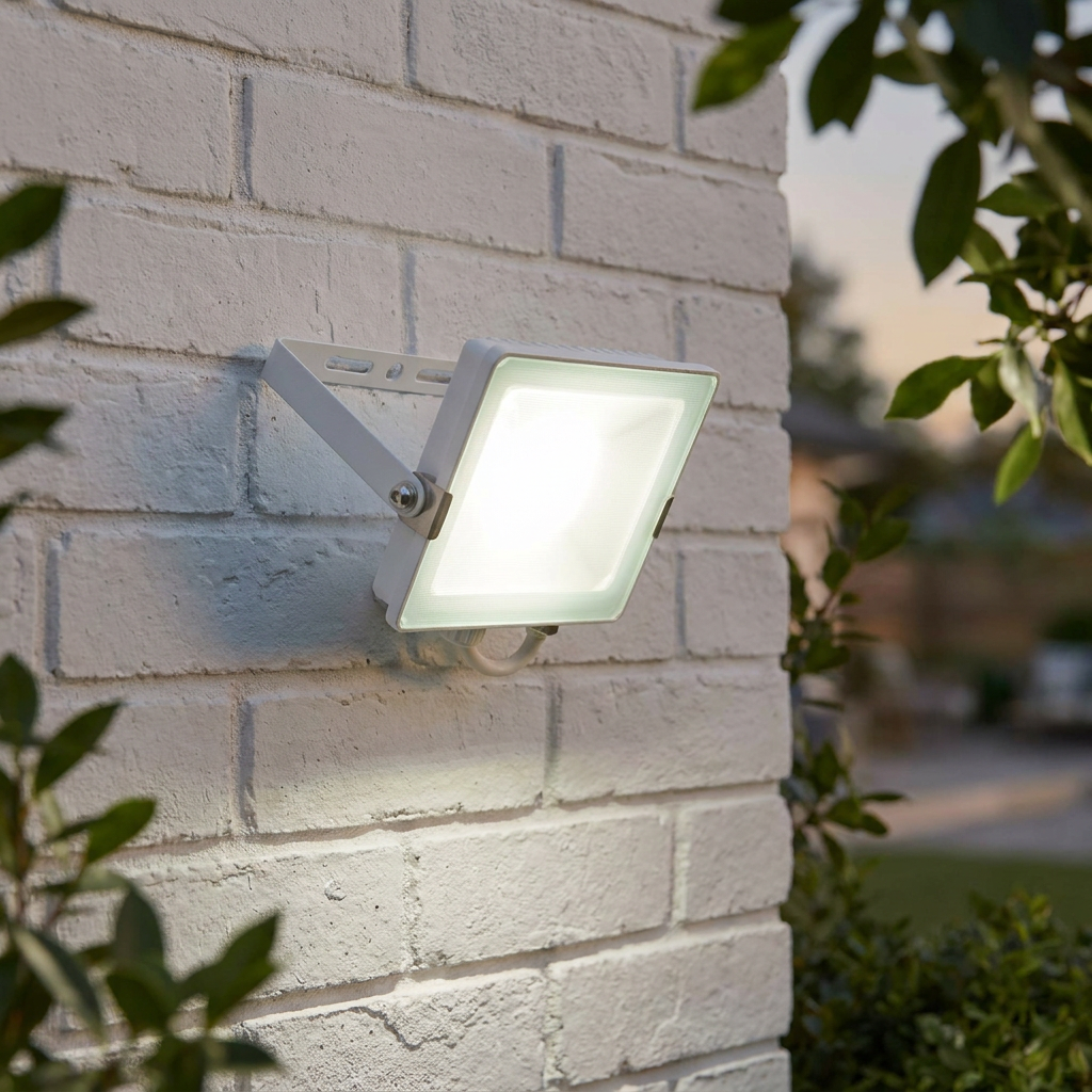 A Salde IP65 white LED floodlight mounted on a white brick wall, glowing with bright cool white light.