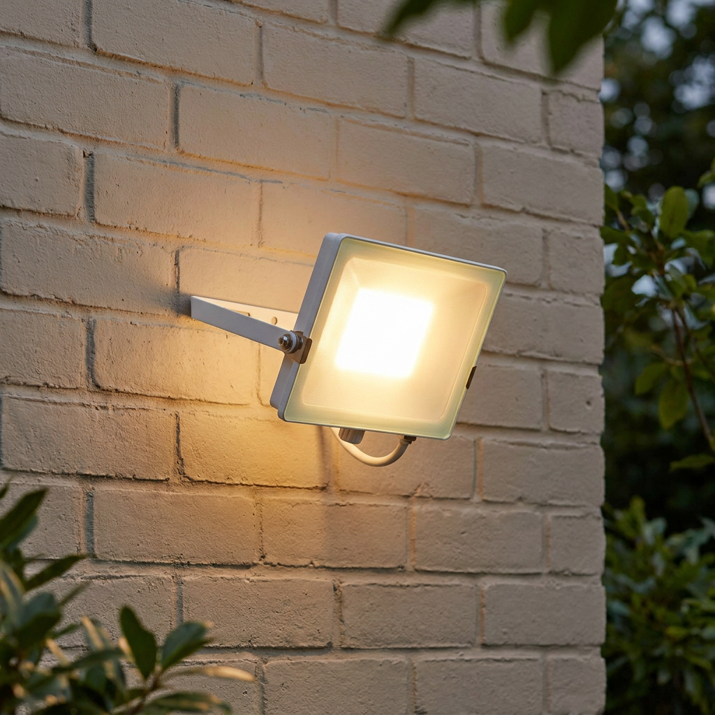 White square LED floodlight mounted on a light-colored brick wall, emitting a bright glow.