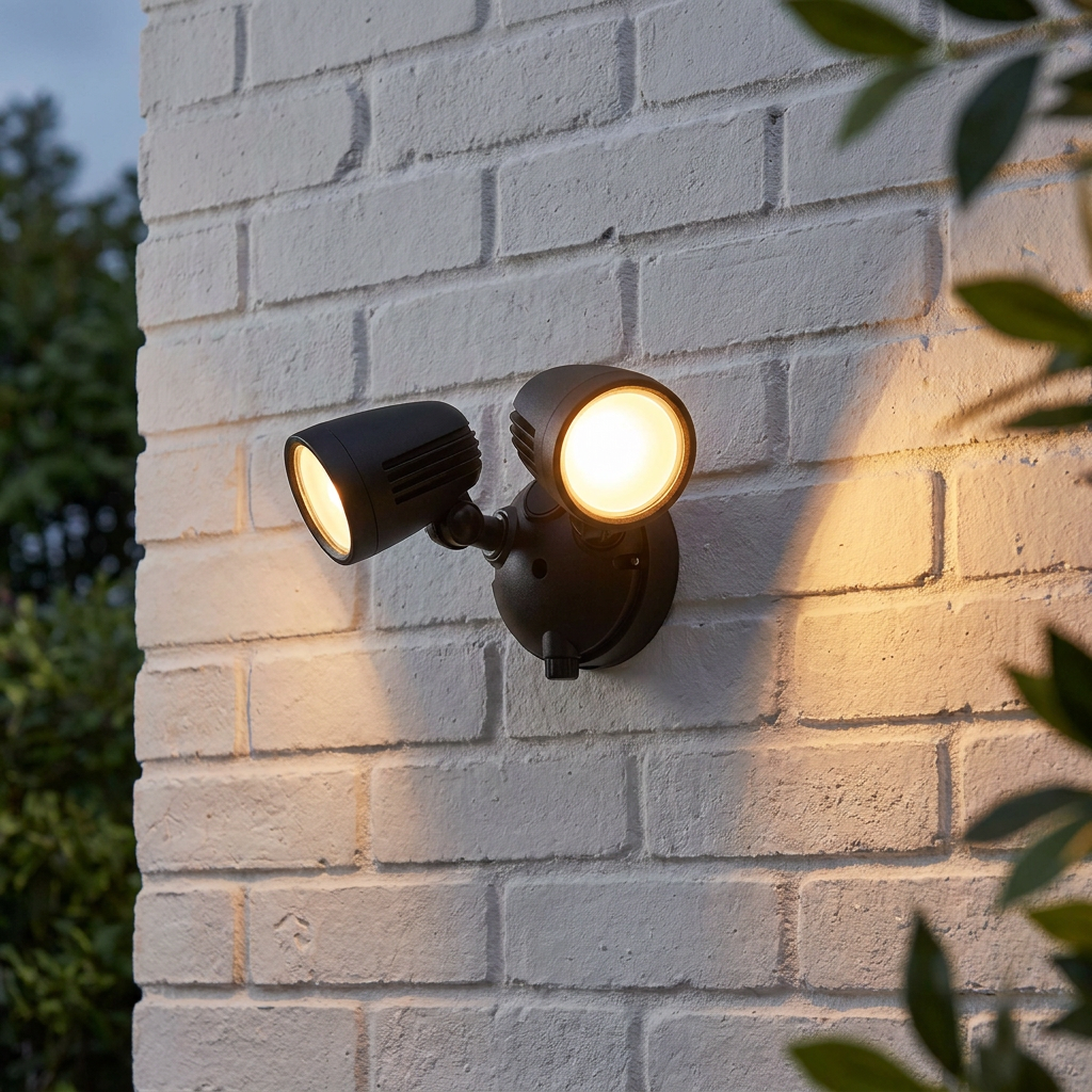 Black twin LED security spotlight mounted on a white brick wall, casting a warm glow.