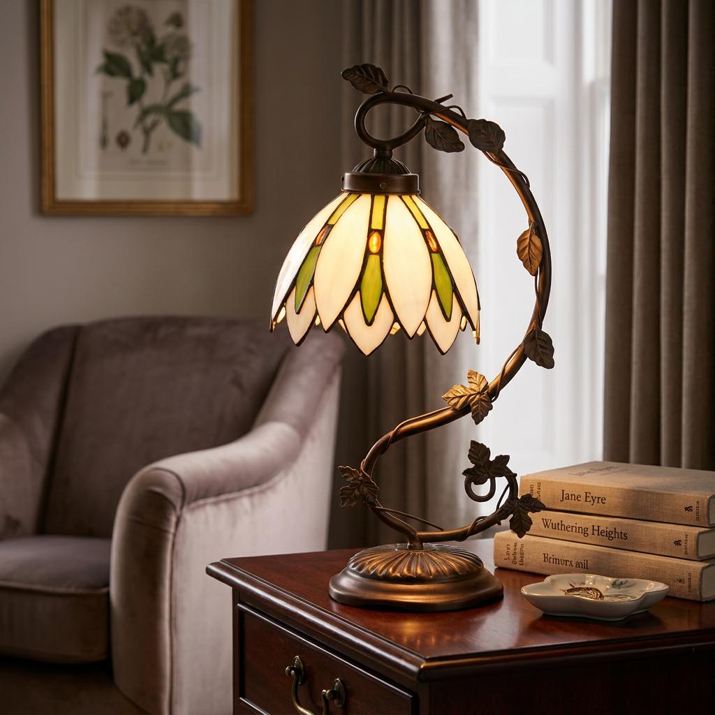 White and green Tiffany table lamp with a curved bronze leaf base sitting on a wooden side table.