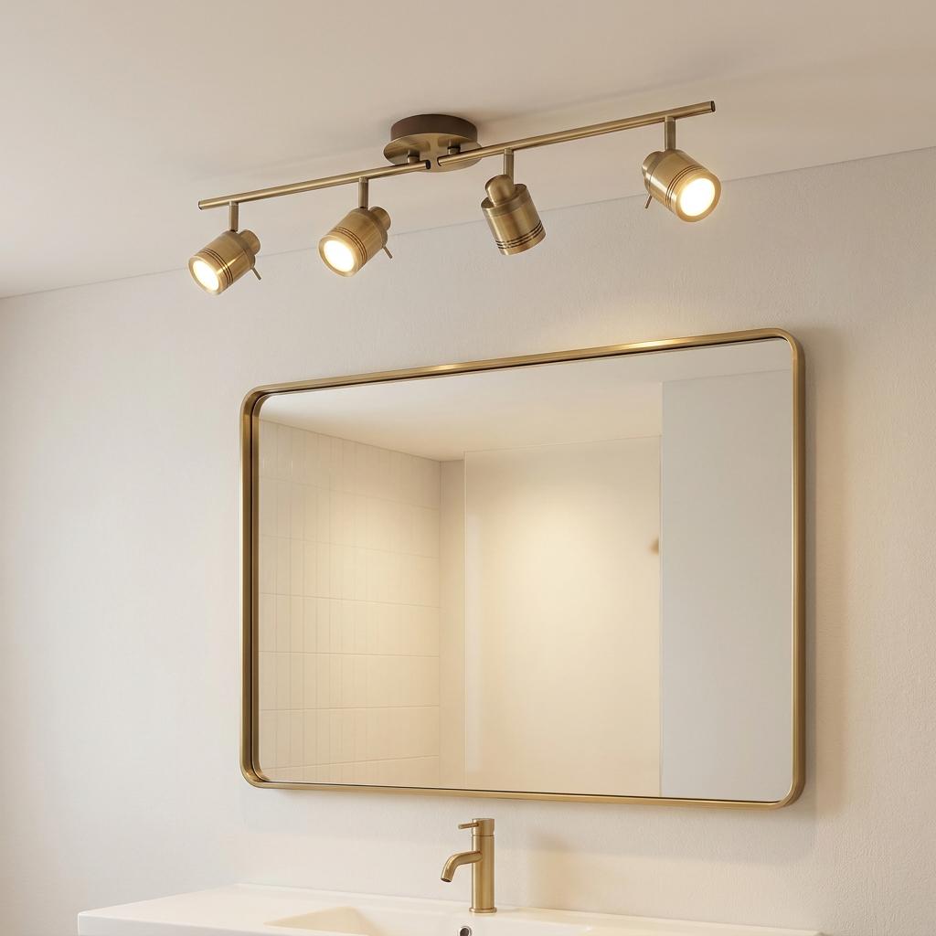 A brass 4-light adjustable split-bar spotlight mounted on a ceiling above a rectangular bathroom mirror.