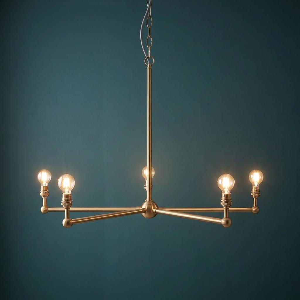 Santiago 5 Light Pendant Fitting in brass with exposed bulbs against a teal wall.
