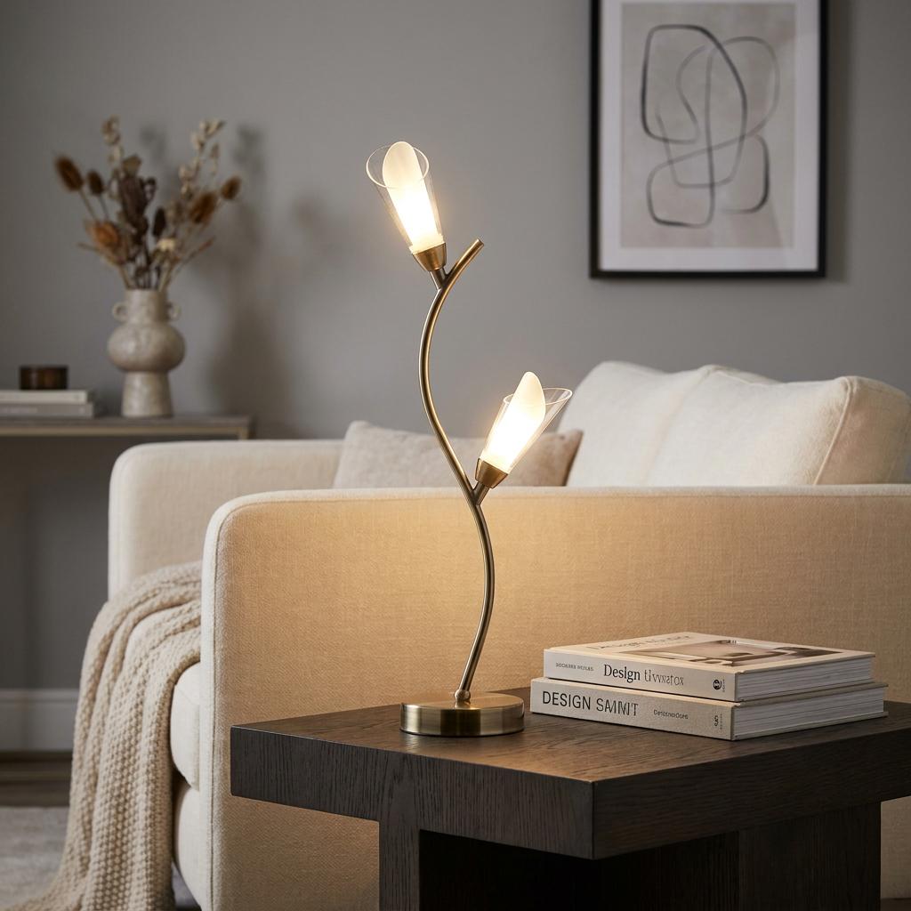Antique brass table lamp with two glowing tulip-shaped shades on a dark wood side table in a modern living room.
