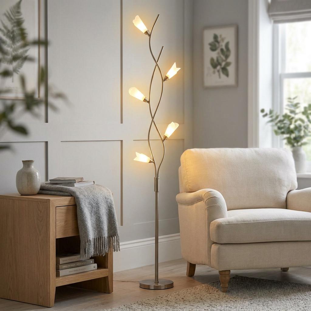 Antique brass 5-arm floor lamp with flower-shaped glass shades illuminating a cozy living room next to an armchair.