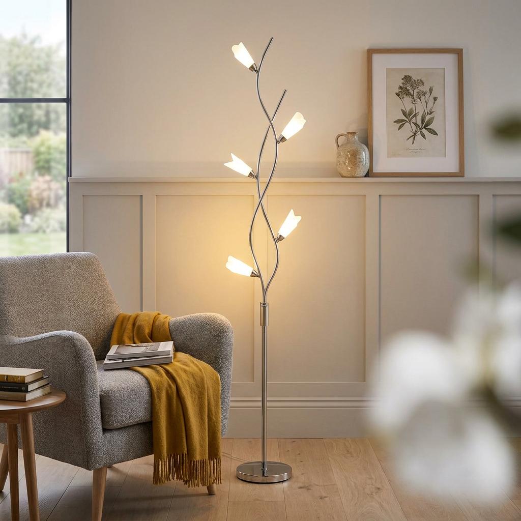 Sare Chrome Floor Lamp with five curved branches and tulip glass shades in a neutral living room setting.