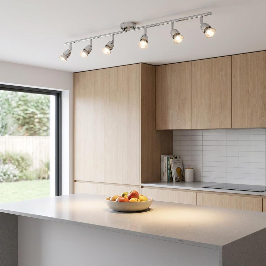 Saxby Amalfi 6-light chrome spotlight track illuminating a kitchen island in a modern light wood kitchen.