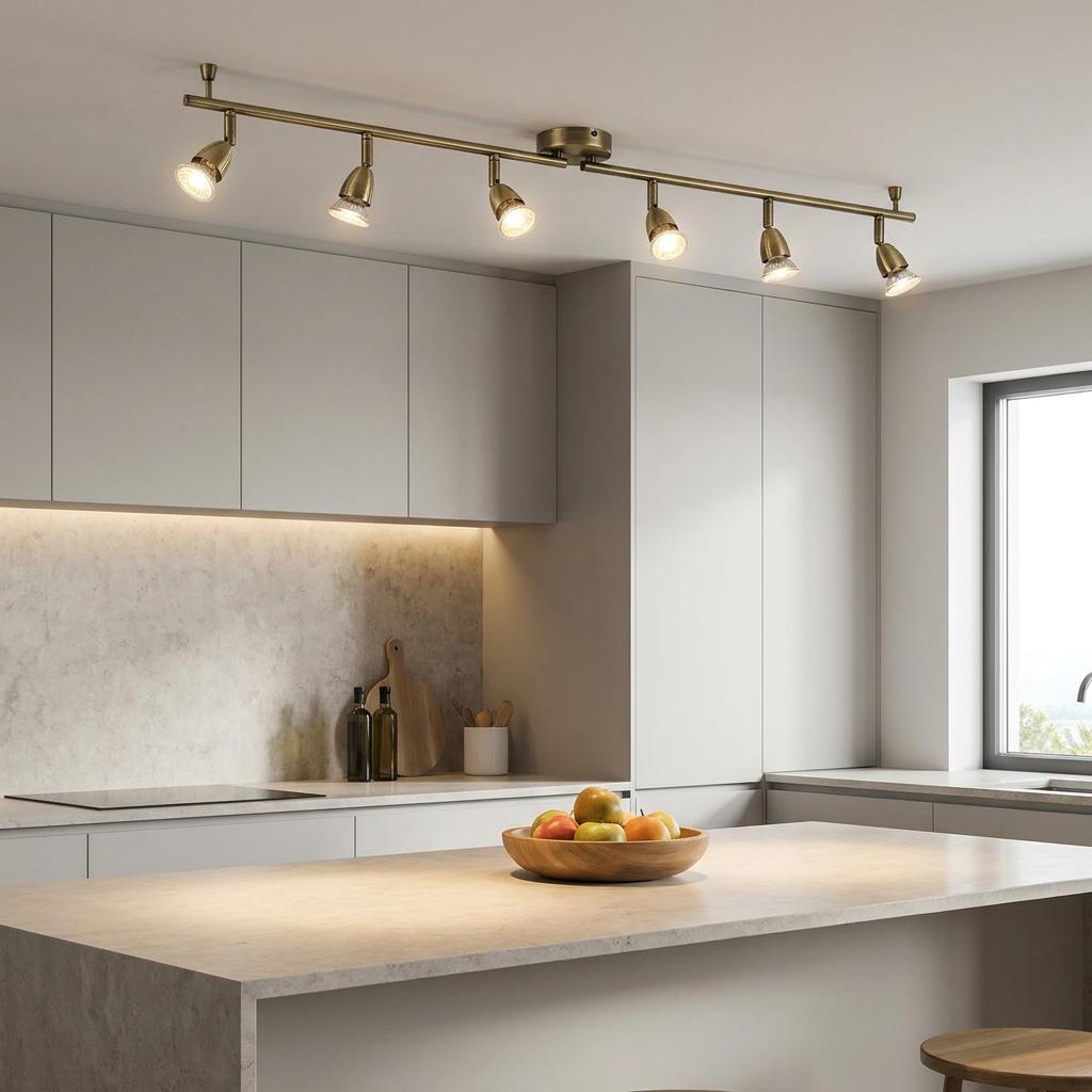 Saxby Amalfi 6-light antique brass spotlight bar illuminating a modern kitchen island with white cabinetry.