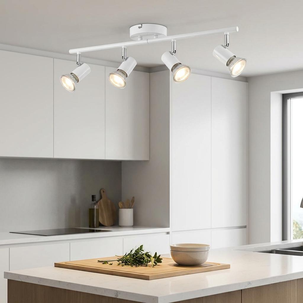 Saxby Amalfi 4-light gloss white spotlight bar installed on a white kitchen ceiling.