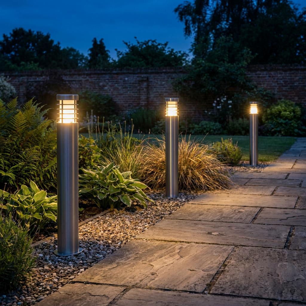 Three brushed steel bollard lights illuminate a stone garden path at twilight.