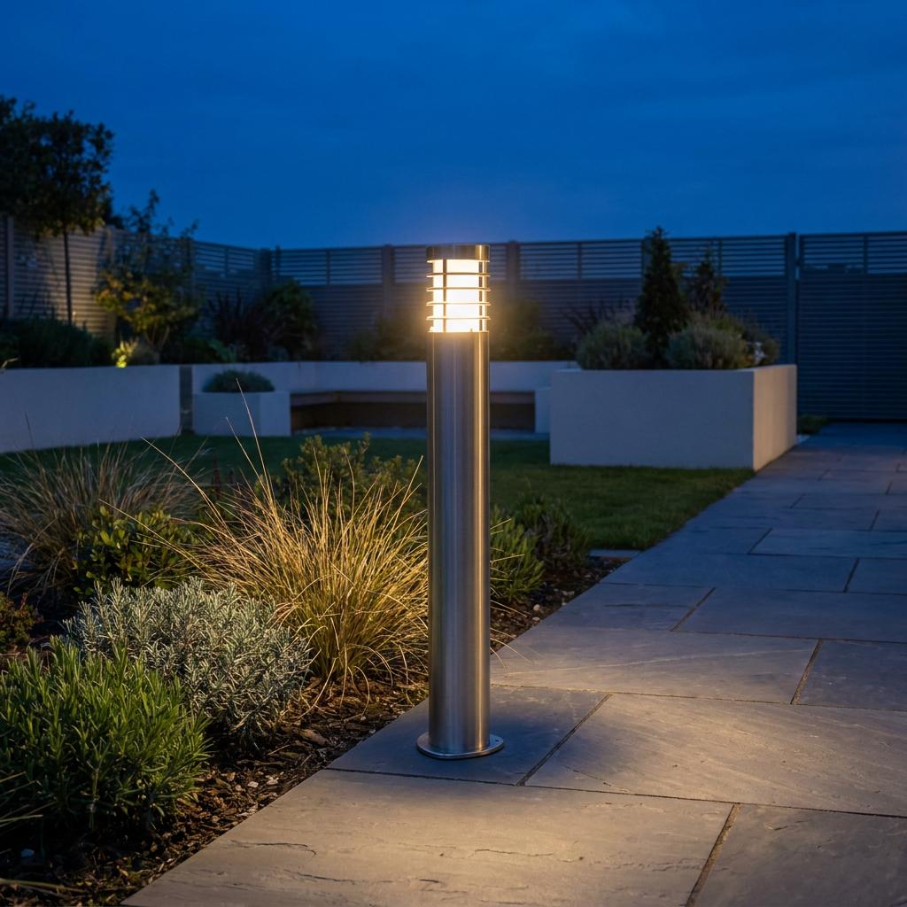 Brushed steel outdoor bollard light illuminating a modern stone garden path at night.