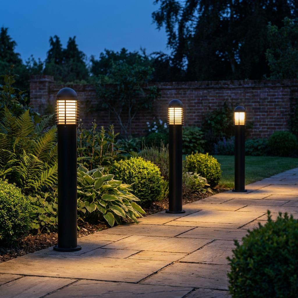 Three matt black louvred bollard lights illuminate a stone garden path at dusk.