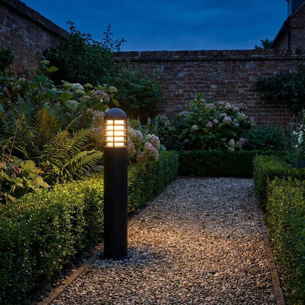 Black louvre bollard light casting a warm glow on a gravel garden path lined with hedges and ferns at dusk.