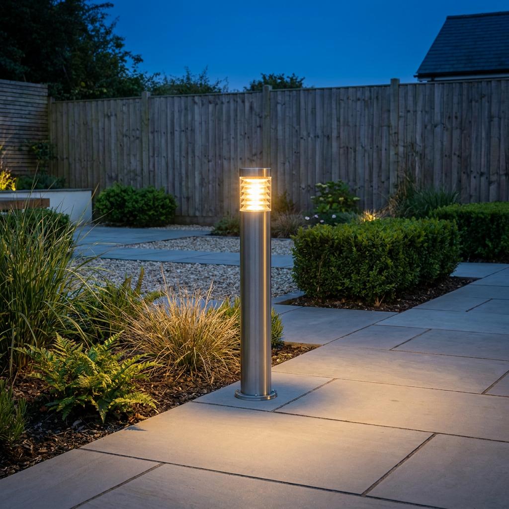 Brushed steel bollard light illuminating a paved garden path at twilight.