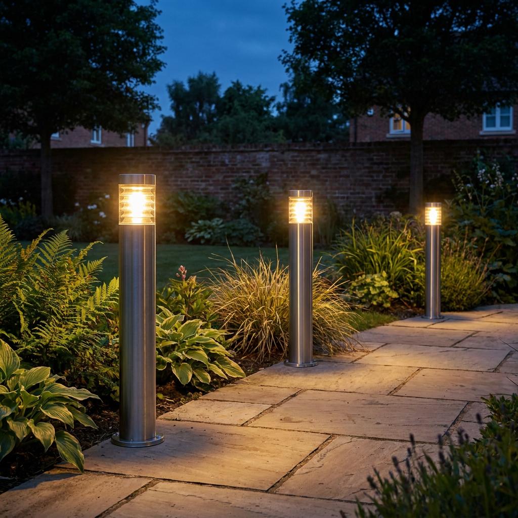 Three Saxby Equinox brushed steel bollard lights illuminating a stone garden path at dusk among lush greenery.