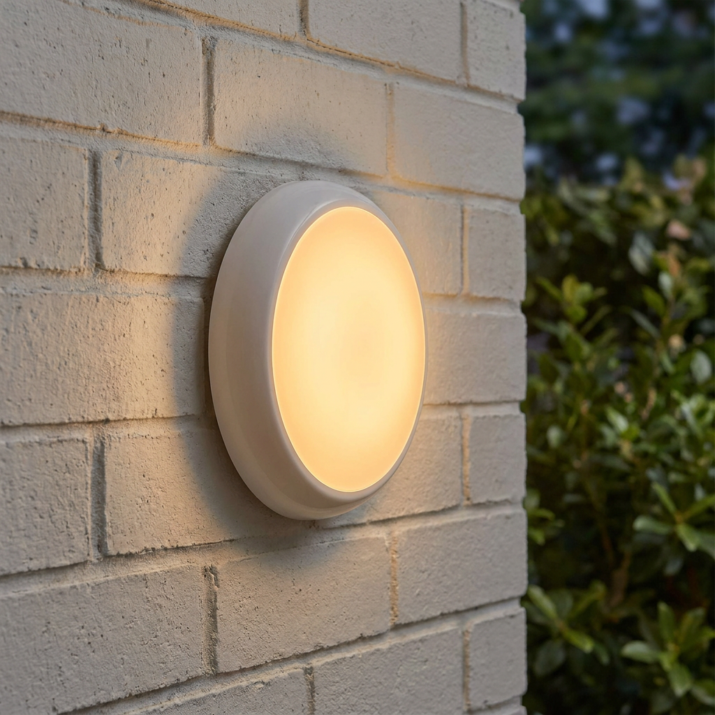 A circular white LED bulkhead light emitting a warm glow, mounted on an outdoor white brick wall.