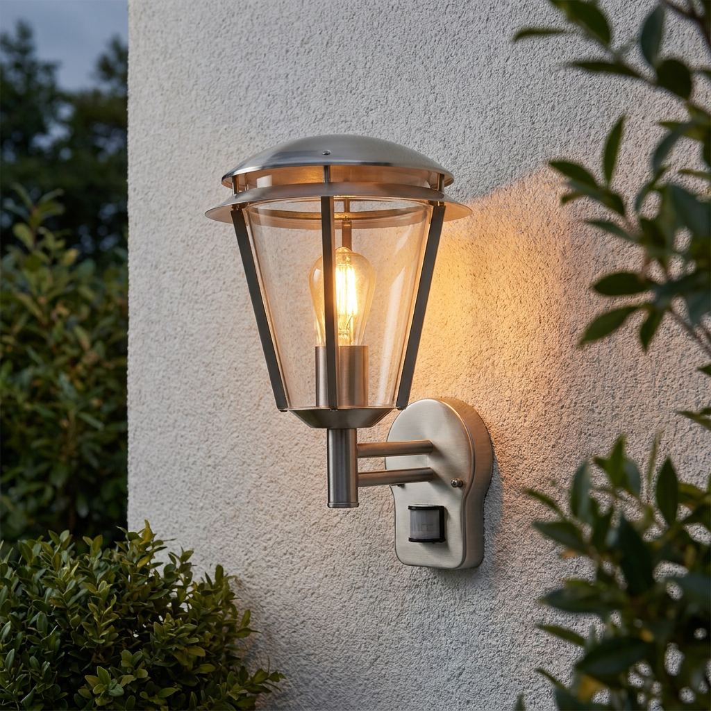 Brushed stainless steel outdoor wall lantern with a PIR sensor illuminated on a textured exterior wall.