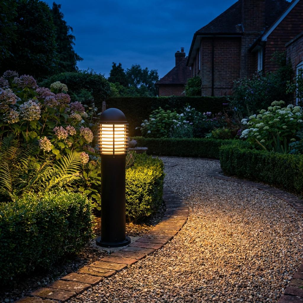 A Saxby Louvre matt black outdoor bollard light illuminating a gravel garden path and foliage at twilight.