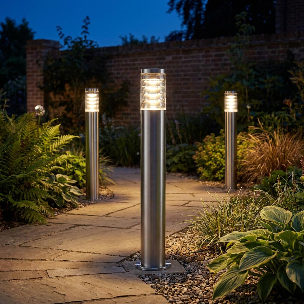 Three brushed stainless steel bollard lights illuminating a stone garden path at dusk.