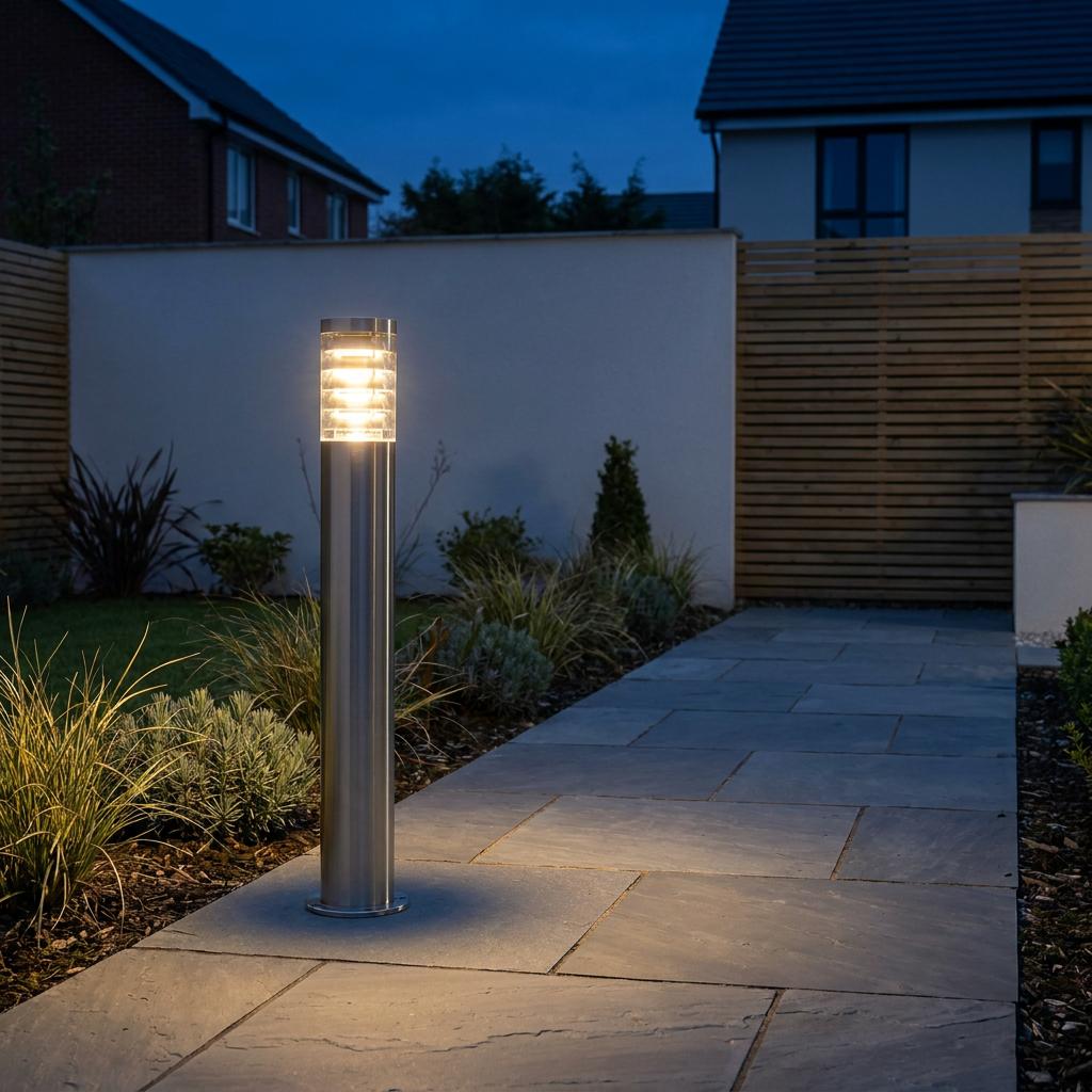 Saxby Tango brushed stainless steel outdoor bollard light illuminating a stone garden path at dusk.