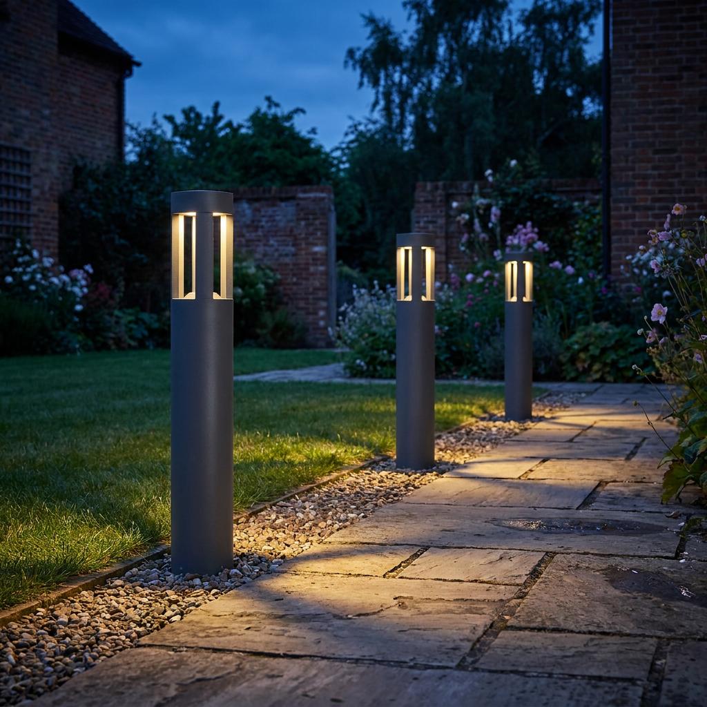 Three grey LED bollard lights casting a warm glow along a stone garden path at dusk.