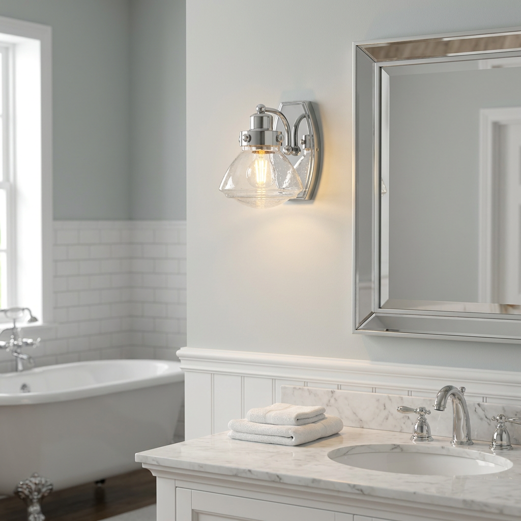 Polished chrome wall light with a clear seeded glass shade illuminates a classic white marble bathroom vanity.