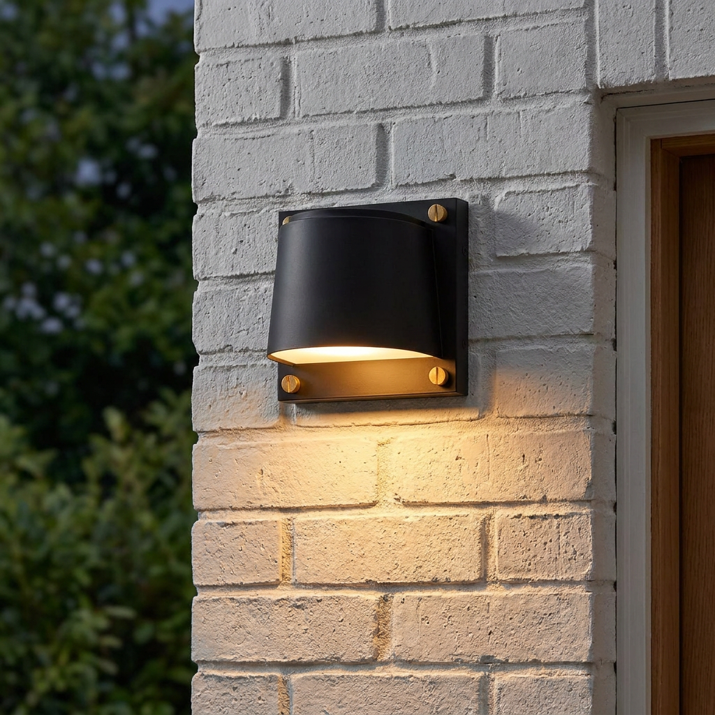 A Scout Black Small Outdoor Wall Light mounted on a white brick wall, casting a warm glow downwards.