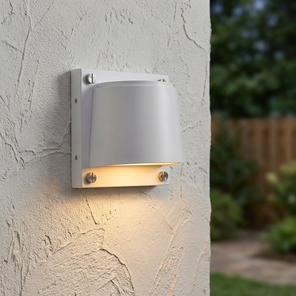 Scout White Small Outdoor Wall Light with a tapered shade casting a warm glow on a textured white wall.