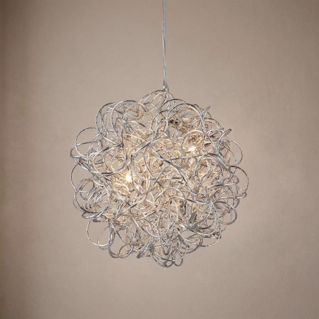 Spherical ceiling pendant light made of tangled silver wire loops with warm glowing bulbs against a beige wall.