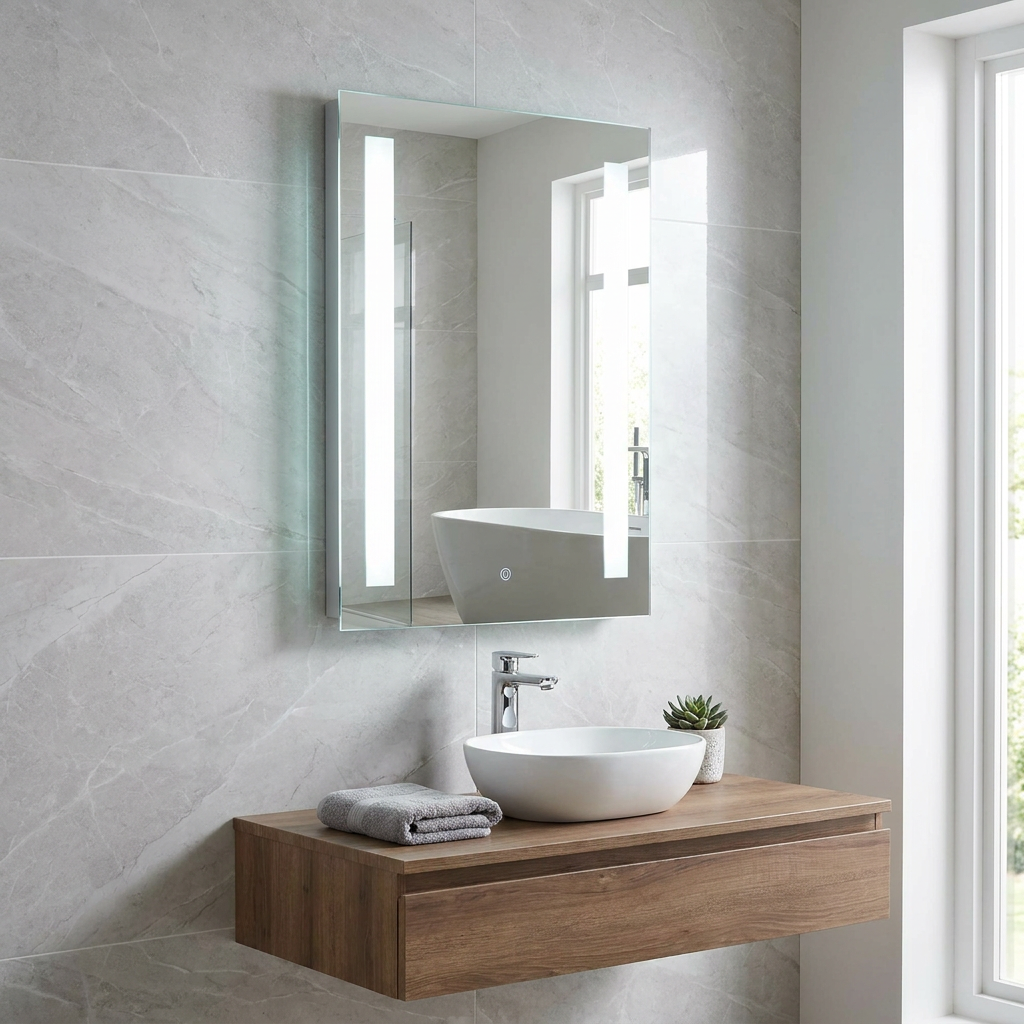 Modern bathroom mirror with two vertical LED light strips mounted on a grey marble wall above a wooden vanity.