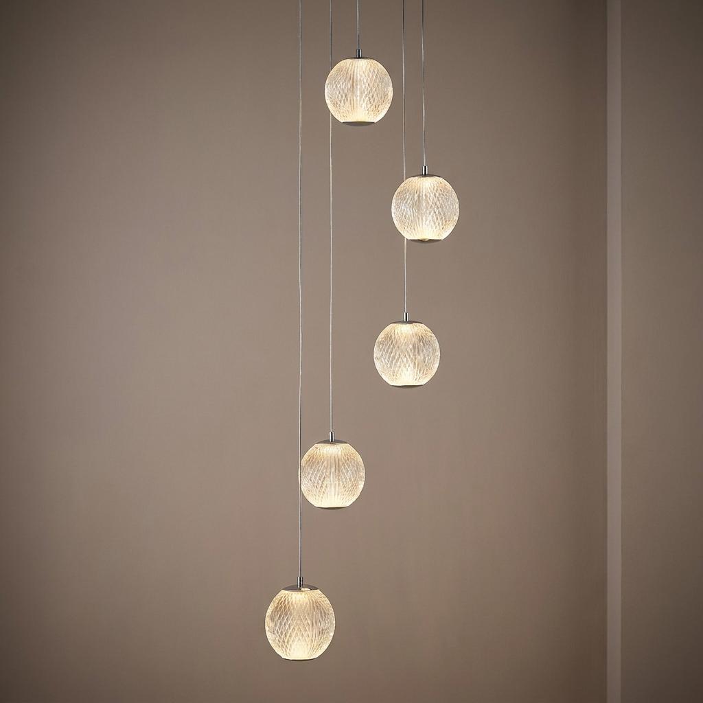 Searchlight Allure 5 Light Multi-Drop LED Chrome Pendant with textured glass globes hanging at various heights.