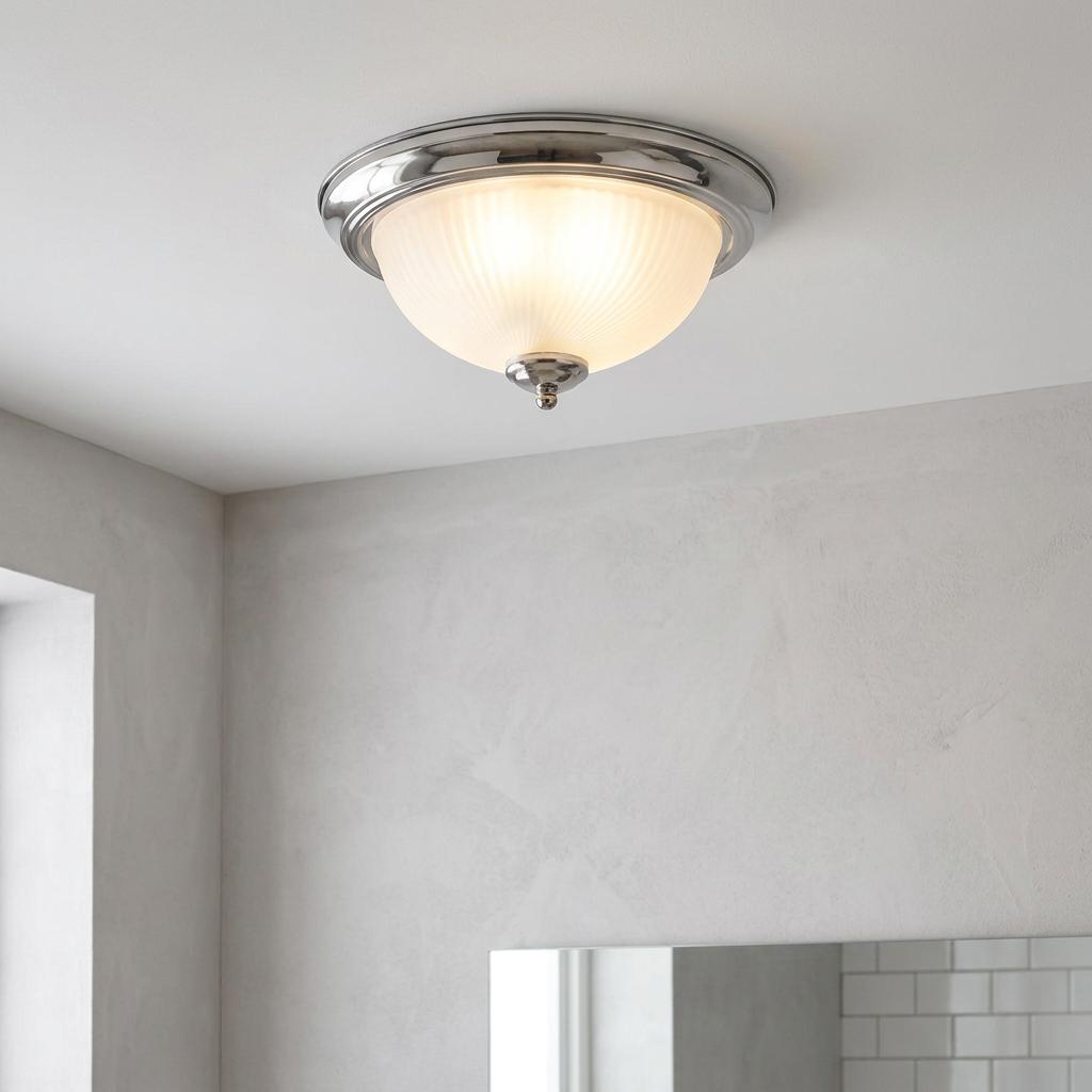Chrome flush ceiling light with a ribbed frosted glass dome mounted on a white ceiling.