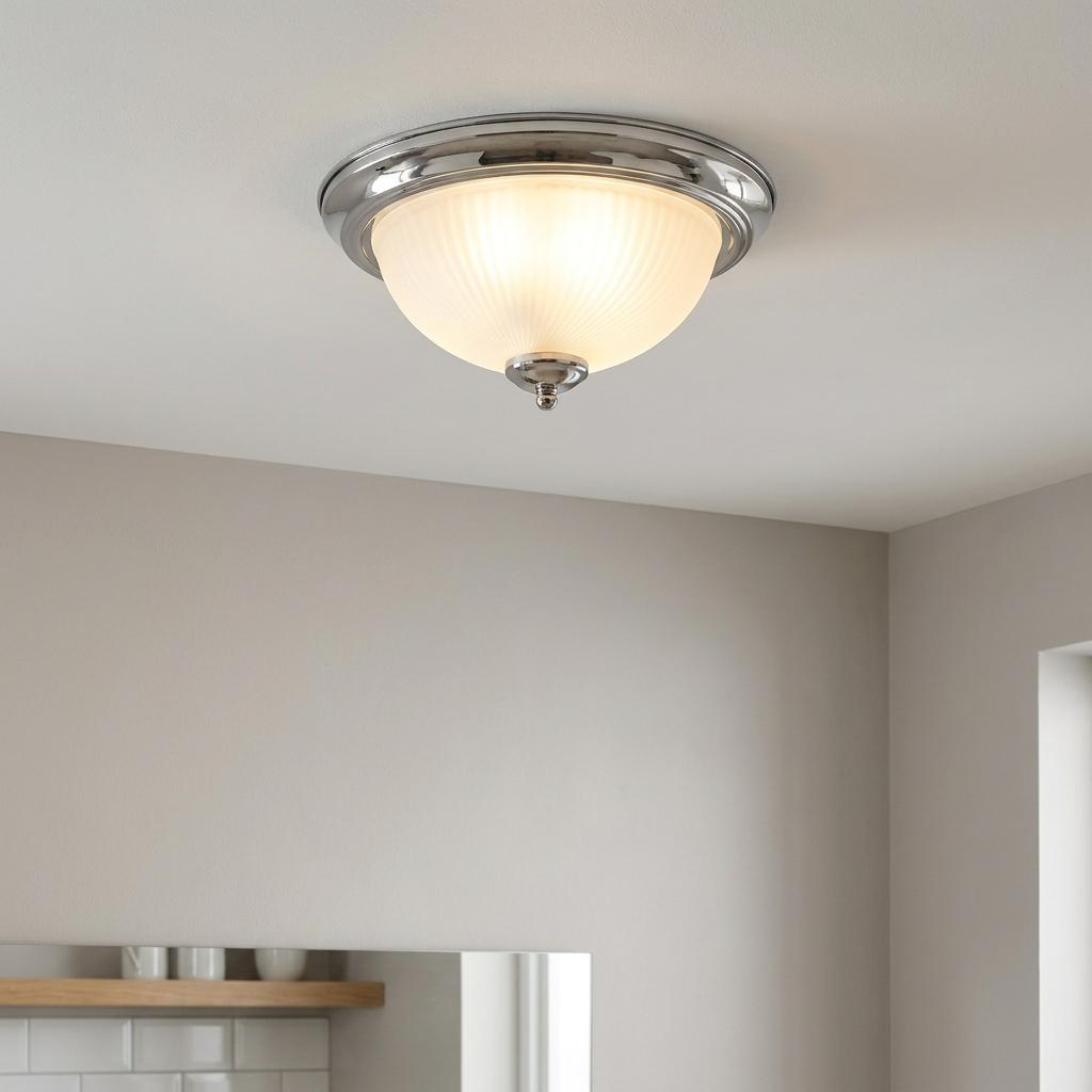Searchlight American Diner flush ceiling light with ribbed glass shade and chrome trim in a modern kitchen.