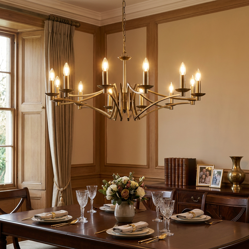Searchlight Ascot 12-light antique brass chandelier illuminated over a formal wooden dining table.