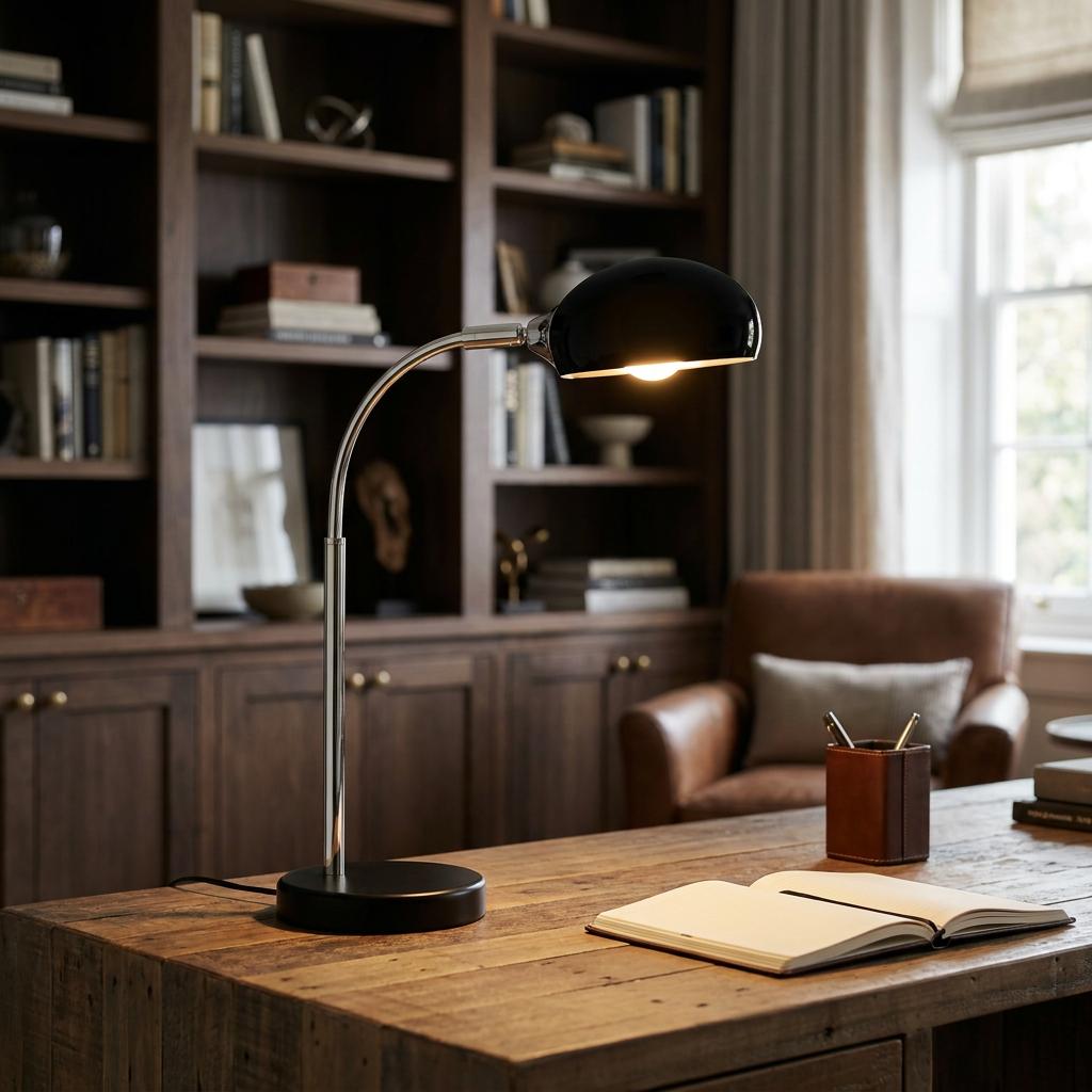 Black and chrome table lamp with a dome shade lit on a wooden desk in a cozy library setting.