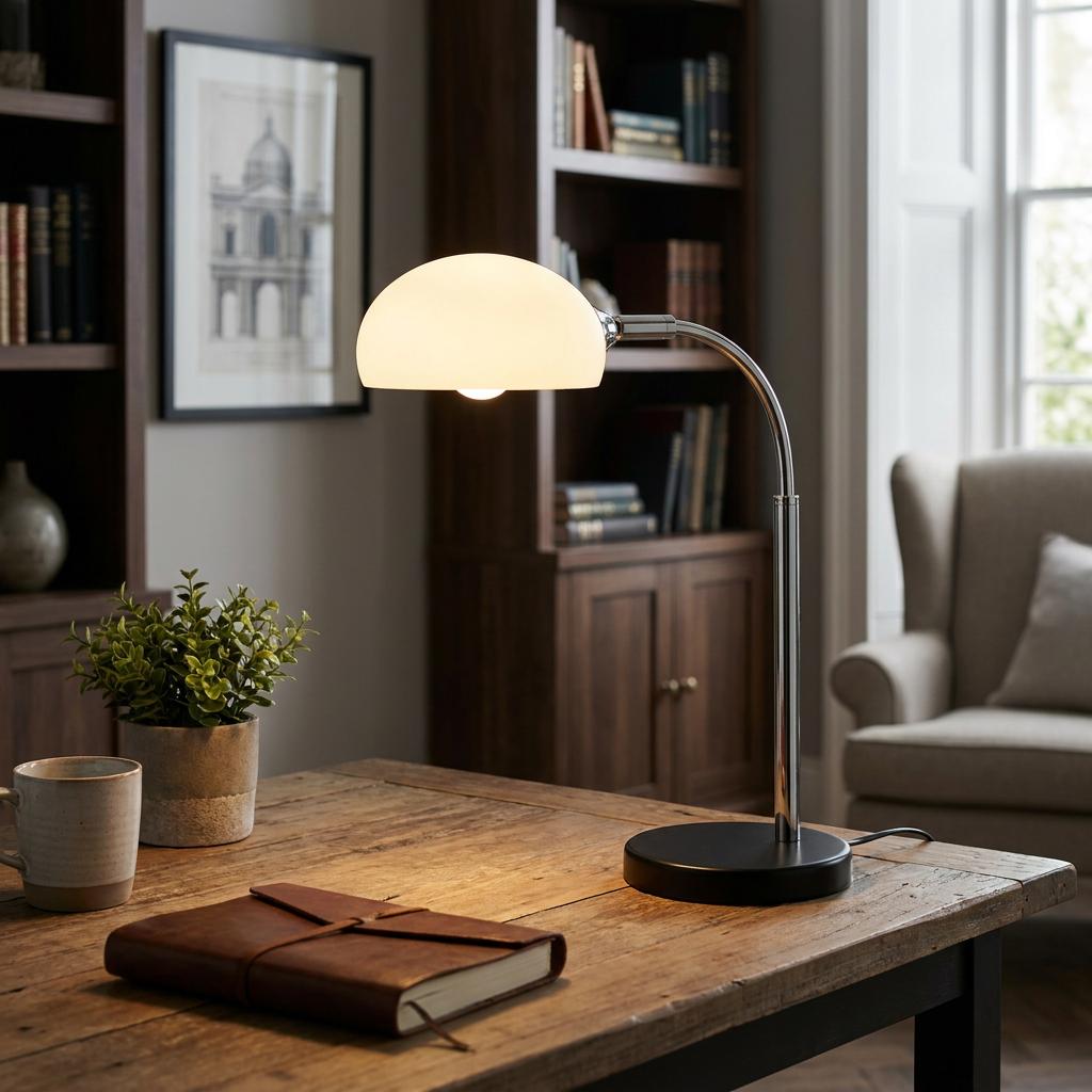 Modern table lamp with an opal glass dome shade and chrome arm on a wooden desk in a cozy study.